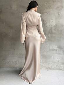 Firerie 男士优雅纯色腰带露背缎面亮面裹身系带上衣/衬衫和鱼尾裙两件套，缎面不对称下摆缎面裙套装，通勤派对，工作两件套，婚礼两件套，适合通勤、日常穿着，春夏款 - 杏色 - 查看 10