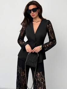 Aloruh Black Minimalist Commuting & Date Night Deep V Lace Waist Cinched Women's Suit Jacket + Wide Leg Lace Pants - Black - View 5