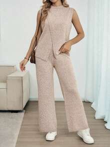 Louniche 2pcs Women Casual Crossover Mock Neck Sweater Top And Straight Leg Pants Set, Fashion Versatile For Spring, Summer, Autumn - Khaki - View 3