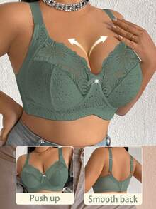 DesireSculpt 1pc Plus Size Lace Patchwork Wireless Bra - Dark Green - View 5