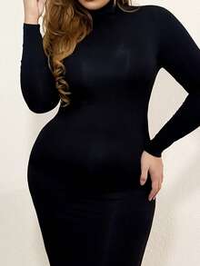 MelDlgn 大码女式春夏优雅日常基本款纯色高领修身袖黑色连衣裙，适合日常穿着、乡村音乐会 - 黑色 - 查看 3