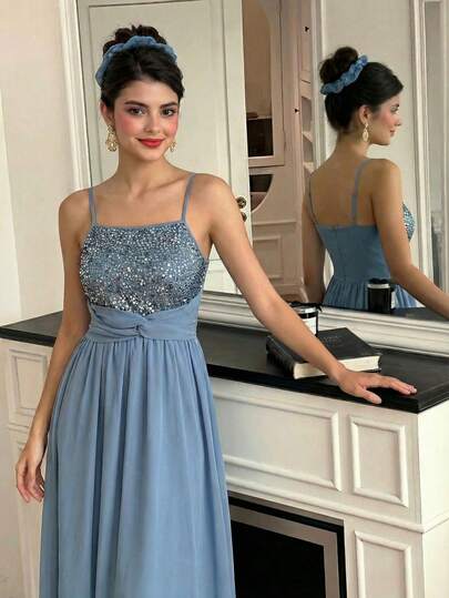 Elegant Blue Sequin Chiffon Robe For Teen Girls, Summer Abaya Jalabiya Robe Gown Style, Suitable For Formal Occasions Like Banquets, Ceremonies, Stage Shows, High-End Graceful Dress