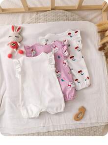 SHEIN 3pcs/Set Newborn Baby Girl Cute Cartoon Pattern Knitted Romper Set, Summer