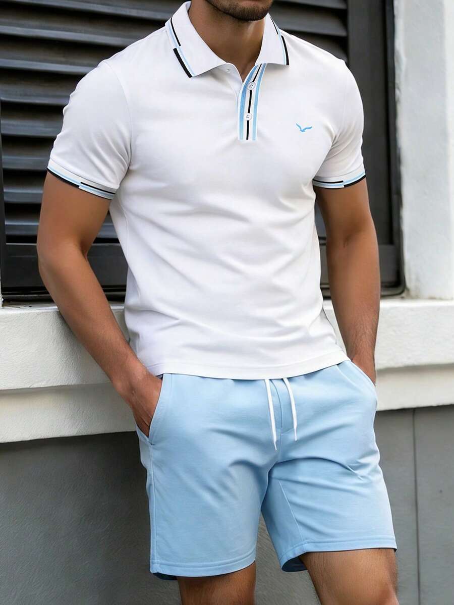 Manfinity Mode 男士撞色Polo衫套装，适合居家、外出和聚会穿着 - 藍色 - 查看 1