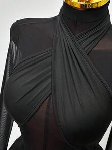 Mistrie Mesh Patchwork Sheer Sexy Stand Collar Long Sleeve Dress - Black - View 4