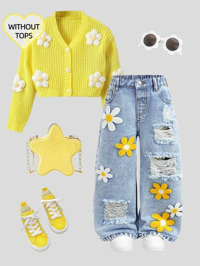 SHEIN Young Girl Fashion Patch Pocket Daisy Embroidered Ripped Wide Leg Loose Jeans Brunch Y2k Vintage Washed 3d Flower Jeans, For School, Campus, Spring And Summer,All Season Fashionable Children's Pants, Vintage Washed Denim Trousers,3D Floral Flocking Wide Leg Jeans, Rockstar 70s Jeans