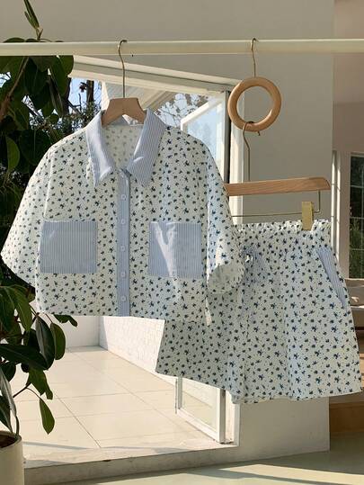 Comfortcana 2026 New Arrive Spring/Summer Women's Ditsy Floral Short Sleeve Single-Breasted Pocket Shirt And Shorts Casual 2-Piece Set Vacation Outfits Women Casual Sets For Women  Beach Outfits For Women Spring Outfit Women