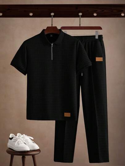 Core Aspect 男士字母刺绣拉链 Polo 领短袖上衣和裤子休闲套装