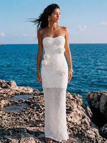 Nevyona Women's Strapless Tight Stretch Body-Hugging Dress,White,Summer,Elegant,Vacation,Holiday,Knitted Three-Dimensional Flower Decoration Party Dress - Apricot - View 6