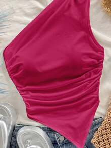 Soleia 女士玫瑰红不对称下摆不对称肩部上衣，夏季度假 - 彩色 - 查看 8