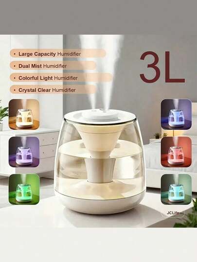 3升双喷雾加湿器，静音运行，数字显示屏和彩色氛围灯 - USB供电，3升容量，2.6-4升水箱，36V电压，覆盖面积21-30平方米，适用于卧室和家庭使用，卧室加湿器，现代美学设计，触摸控制