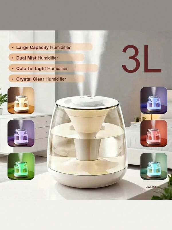 3升双喷雾加湿器，静音运行，数字显示屏和彩色氛围灯 - USB供电，3升容量，2.6-4升水箱，36V电压，覆盖面积21-30平方米，适用于卧室和家庭使用，卧室加湿器，现代美学设计，触摸控制