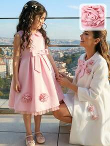 少女纯色蝴蝶结装饰优雅无袖连衣裙 - 粉色 - 查看 4