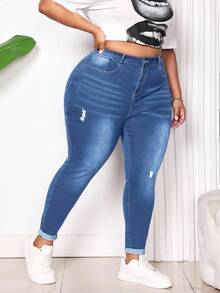 SHEIN CURVE+ Quần jeans lửng dáng ôm màu xanh dương, kiểu dáng thường ngày, gợi cảm, dành cho người có thân hình đầy đặn. - Rửa nhẹ - Xem 6