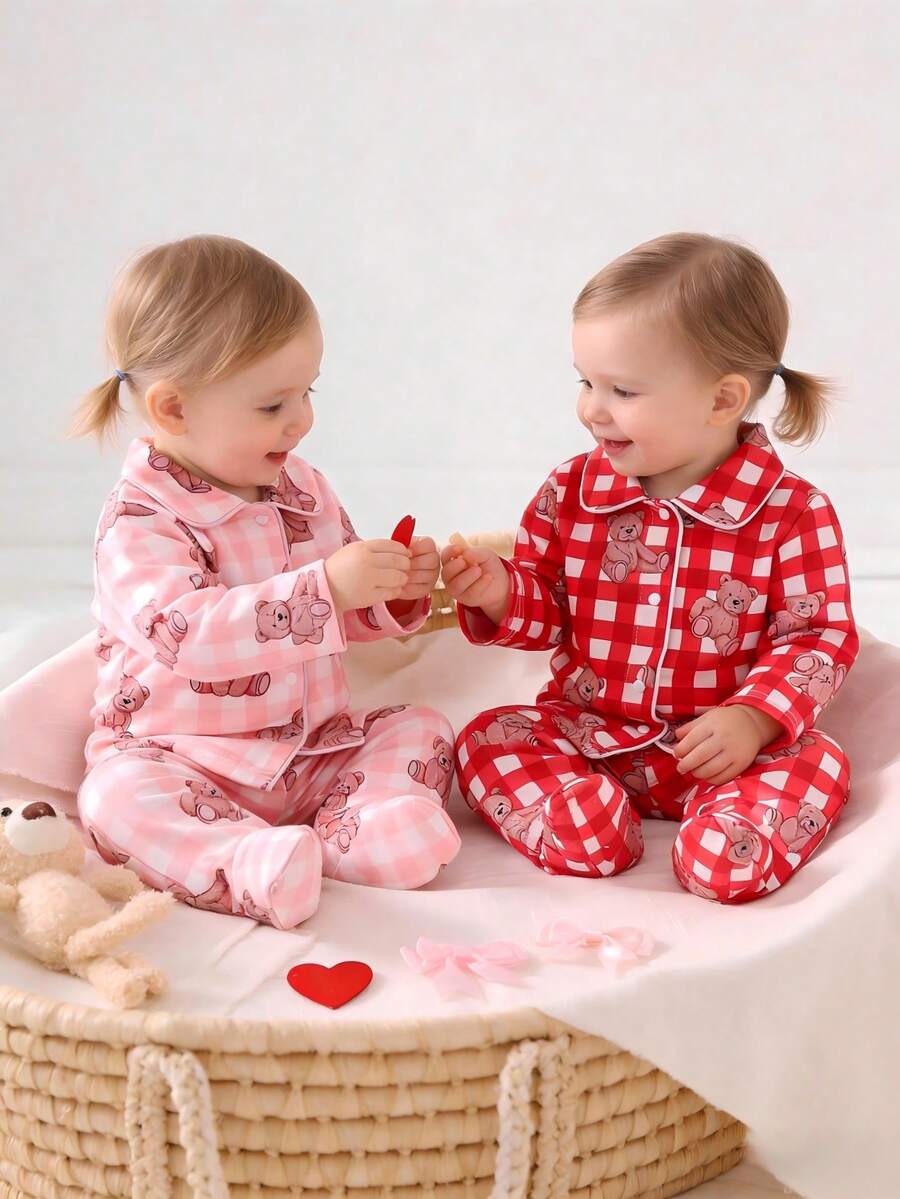 Newborn Baby Pajamas-2 Piece Pajama Set Bear Print Round Neck Long Sleeve Button Front Long Pants Cute Sleep Romper Toddler Girls Boys Loungewear Four Seasons Holiday 2026 Gift Soft Lightweight Pink Red Gingham Classic - Multicolor - View 1