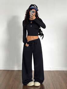 StreetHx Women's Navy Blue Knit Casual Street Style 2-Piece Set, Long Sleeve T-Shirt Top And Loose Sweatpants, Spring/Autumn - Black - View 3