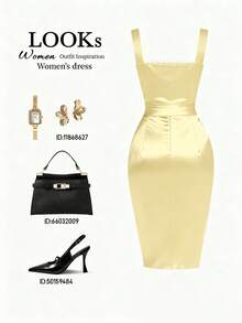 SHEIN Franclia Đầm satin dày màu đỏ rượu vang dành cho nữ, không tay, cổ vuông kiểu retro, ôm eo với các nếp gấp ba chiều, vạt bất đối xứng, đầm cocktail và hẹn hò cao cấp sang trọng, đầm ngắn ôm sát với chất liệu satin mềm mại, đầm midi lụa, đầm nữ màu vàng, trang phục vàng dành cho nữ - Màu vàng - Xem 2