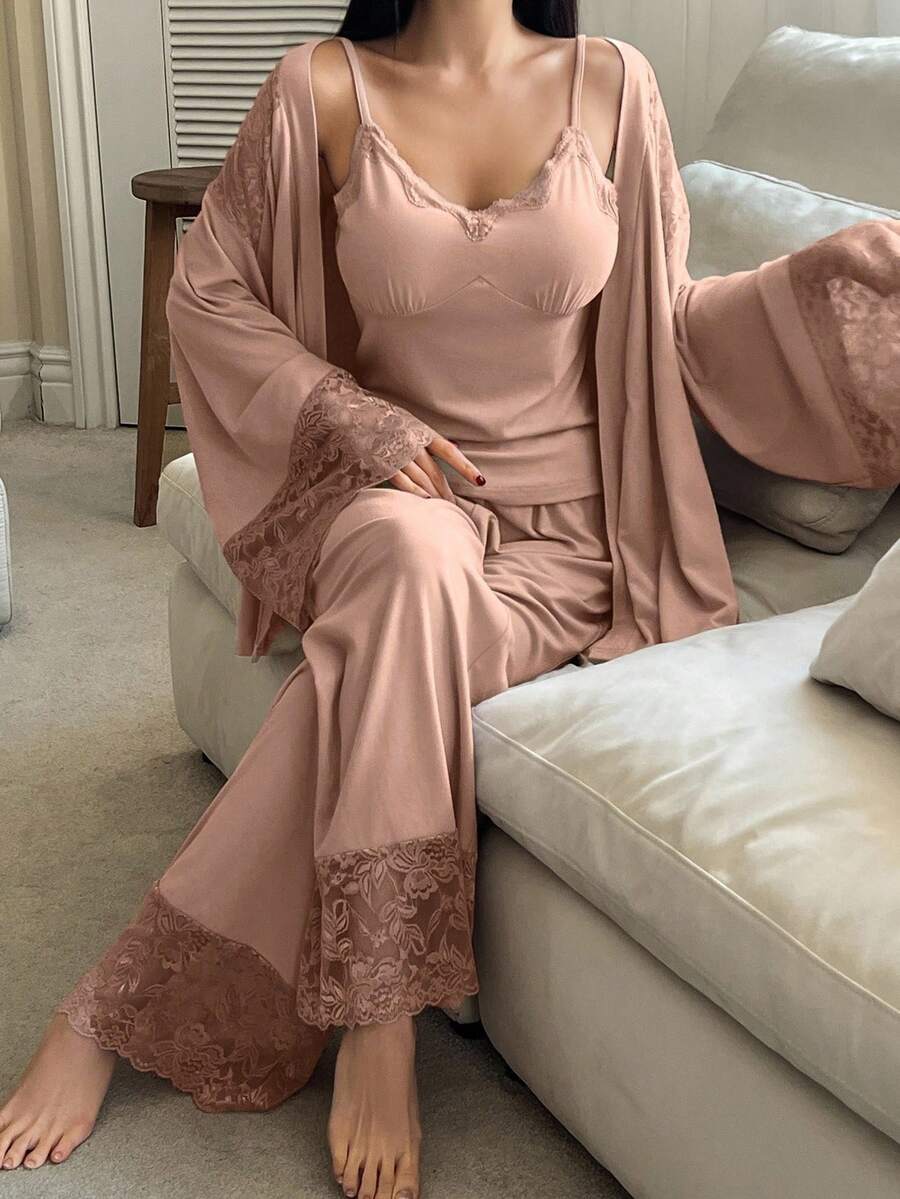DAZY 3pcs Lace Patchwork Robe, Camisole & Pants Women Sleepwear Set - Coral Pink - View 1