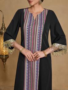 Al Najma Women's New Style Embroidery Pattern Print Gold Sequin Lace Applique Ribbon Decor 3/4 Sleeve V-Neck Tassel Cutout Tunic Top, Black, Spring/Summer - Black - View 7