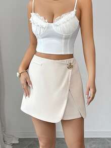 SHEIN Elenzya Light Khaki High Waist A-Line Shorts With Metal Buckle Decor, Slimming Effect - Khaki - View 5