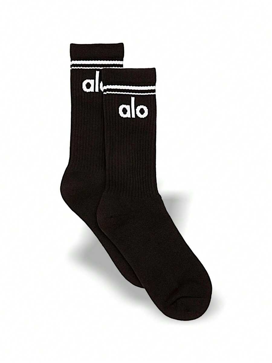 Alo 男女通用复古吸汗透气柔软弹力袜，结实耐穿，易洗快干，适合日常运动，均码，黑色 A0357U-BLACK - 黑色 - 查看 1