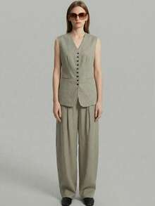 Ontre 女士高级舒适柔软面料修身无袖V领纽扣前开襟背心上衣搭配时尚喇叭裤，现代都市休闲商务办公装，低调复古风，优雅高品质设计师简约舒适都市系列，四季皆宜的百搭女士套装 - 灰色 - 查看 7