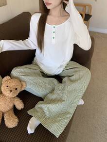 DAZY Green Fresh Henley Top & Plaid Pajama Pants Women Sleepwear Set - Green - View 4