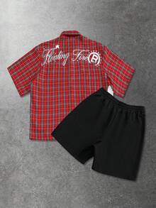 ROMWE MEN 男士休闲格子天使儿童英文印花短袖衬衫套装 - 紅色 - 查看 2