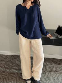 DAZY Wabi-Sabi Style Pleated Texture Fabric Lantern Sleeve Loose Women's Pajama Set - Navy Blue - View 9