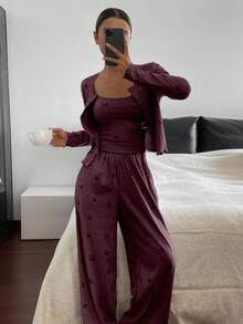 DAZY 3pcs Bow Print All-Over Allover Print Camisole & Pants Pajama Set For Women, Spring - Burgundy - View 6