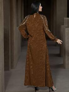 Layrah Coffee Color Jacquard Embroidered Rhinestone Embellished Long Sleeve Arabic Style Dress Luxury Dress For Women  Modest Full Length Jalabiya, Casual Long Sleeve Maxi Dress - Coffee Brown - View 3