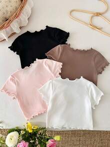SHEIN LMoss Kids 4件組女嬰純色針織荷葉邊上衣套裝，嬰兒上衣，女嬰上衣，女嬰 - 彩色 - 查看 3