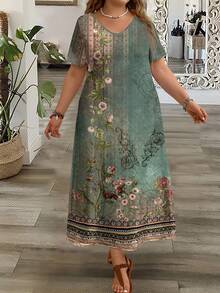 Mellowie Casual Retro Elegant Floral Print Plus Size Women's Minimalist V-Neck Short Sleeve Maxi Dress, Suitable For Summer Spring - Multicolor - View 3