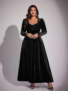 Viva Relle Plus Size Women Solid Color Sequin Patchwork Puff Sleeve Elegant Dress - Black - View 3