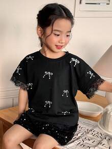 DAZY 女童（小号）夏季圆领水钻蝴蝶结蕾丝拼接短袖T恤