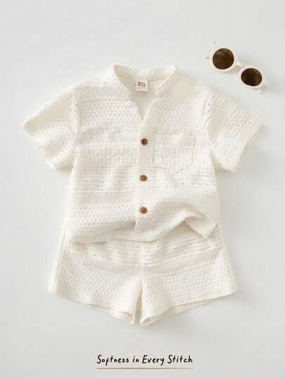 Cozy Pixies Set de 2 piezas de camisa de manga corta con cuello vuelto y pantalón corto de cintura elástica de unicolor casual para bebé unisex