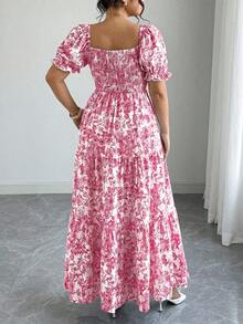 Elenzga Women's Bohemian Pink Random Print Long A Line Plus Size Dress With Square Neck Shirred Short Puff Sleeves And Flared Hem Resort Style - Pink - View 2