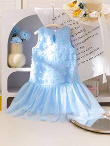 Kleine Mädchen Blaues Blumen Mesh-Ärmelloses Patchwork Kleid, Sommer Kinder Süßes Mini Kleid - Blau - Übersicht 2