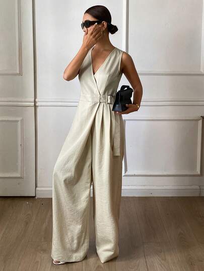 DAZY Mono elegante de un solo color con cuello en V ajustado, sin mangas, cuello oblicuo y cintura ceñida, adecuado para vacaciones de primavera/otoño