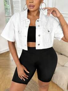 SHEIN CURVE+ Plus Size Women Blue Denim Lapel Short Sleeve Cropped Jacket - White - View 6