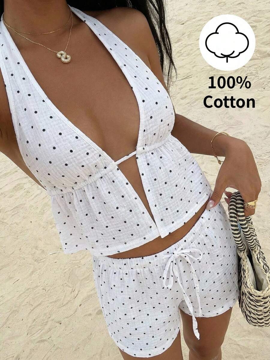Sunnyshic White Polka Dot Print Backless Tie-Up Camisole And Low-Waist Shorts Set, Women's Spring/Summer Vacation Beach Casual Elegant Party Minimalist Versatile - White - View 1