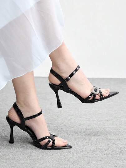 CUCCOO BIZCHIC 黑色尖头搭扣细高跟中跟鞋，优雅休闲舒适，一脚蹬设计，适合工作、通勤、约会、派对、正式场合穿着。