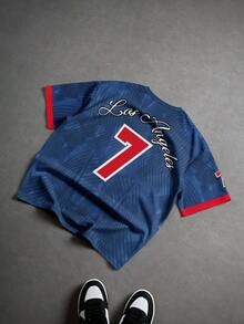 Aesthetic Post Áo thun Jersey kẻ sọc chuyển màu hợp tác với Barcelona và NY, số 9, tay ngắn, thương hiệu thời trang đường phố Mỹ, hàng hóa dành cho người hâm mộ, áo thun rộng rãi thoải mái unisex. - Màu xanh lam - Xem 2