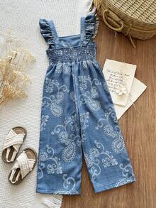 Vintaside Kids 1pc Vintage Casual Slim Fit Unique Cherry Print Jumpsuit, Suitable For Outdoor Summer And School - Blue - View 2