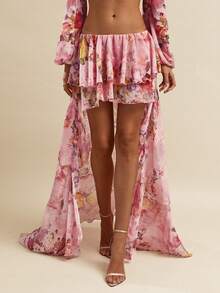 SHEIN BAE Chân váy maxi chiffon trơn và in hoa, vạt bất đối xứng, cạp thấp, thích hợp cho nữ đi biển, kiểu dáng dễ thương ngọt ngào lãng mạn phong cách Y2K, thích hợp cho mùa xuân/hè. - Hồng - Xem 1