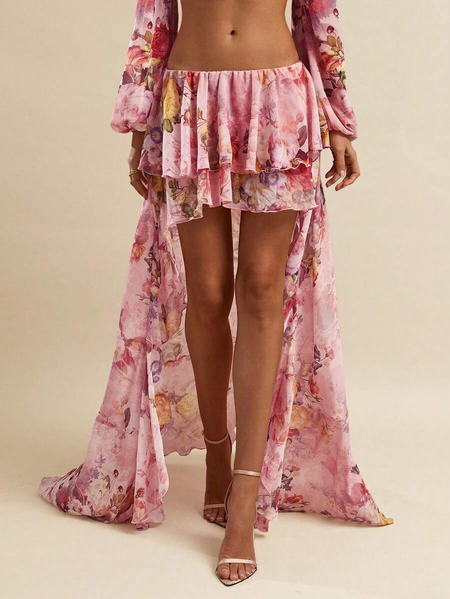 SHEIN BAE Chân váy maxi chiffon trơn và in hoa, vạt bất đối xứng, cạp thấp, thích hợp cho nữ đi biển, kiểu dáng dễ thương ngọt ngào lãng mạn phong cách Y2K, thích hợp cho mùa xuân/hè. - Hồng - Xem 1