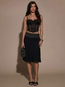 SHEIN BAE Women's Low-Waist Polka Dot Splicing Pleated Slim Fit Polka Dot Printed Women's Skirt - Black - View 5