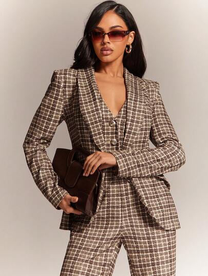 Radiana Sexigt minimalistiskt vintage brunt rutigt 3-delat kostymset för kvinnor, inklusive rutig långärmad kavaj med åtsittande midja, rutig väst och rutiga byxor, brunt kostymset, casual affärskläder för kvinnor, professionell outfit, pendlingsoutfit, kontorsklädsel