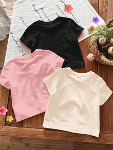 SHEIN 3 件套女婴可爱复古蝴蝶结图案休闲简约圆领短袖 T 恤，适合春夏季 - 彩色 - 查看 2