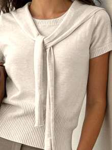 Pariaura 女士纯色短袖针织披肩领上衣 - 杏色 - 查看 6